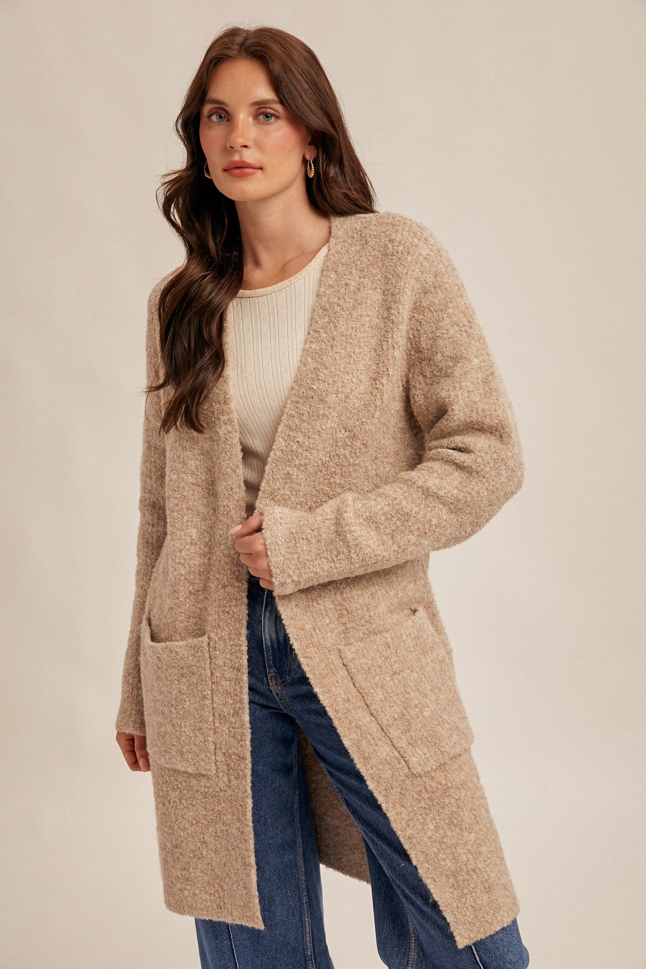 Mocha Boucle Open Front Cardigan