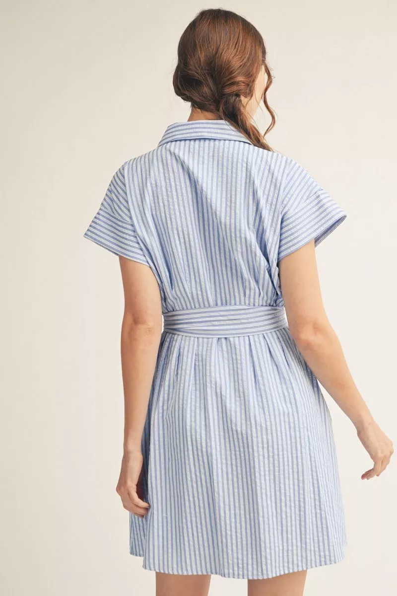 Blue Striped Short Sleeve Mini Shirt Dress