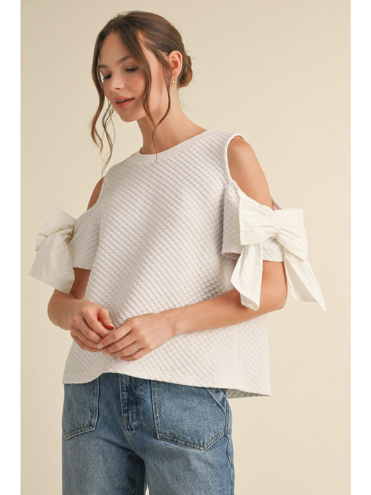 White Textured Short Sleeve w/ Cut Out Shoulders + Bow Details