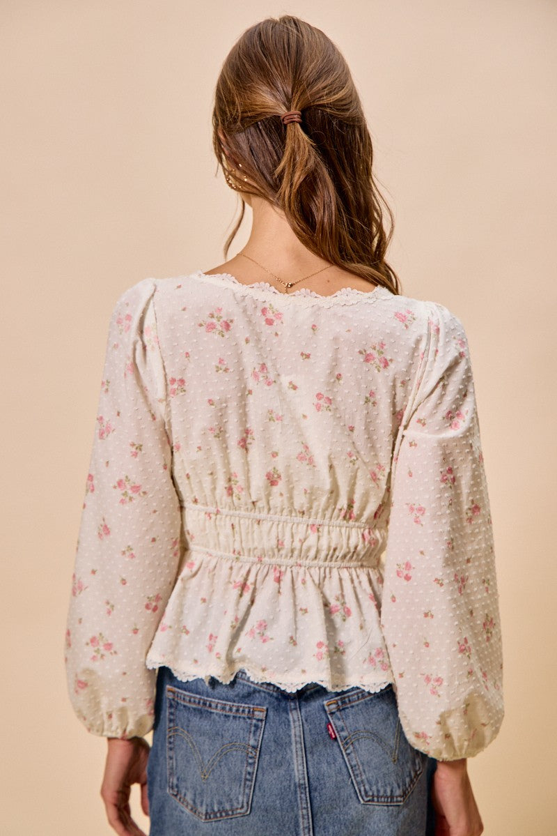 White Floral Swiss Dotted Ruched Long Sleeve Blouse