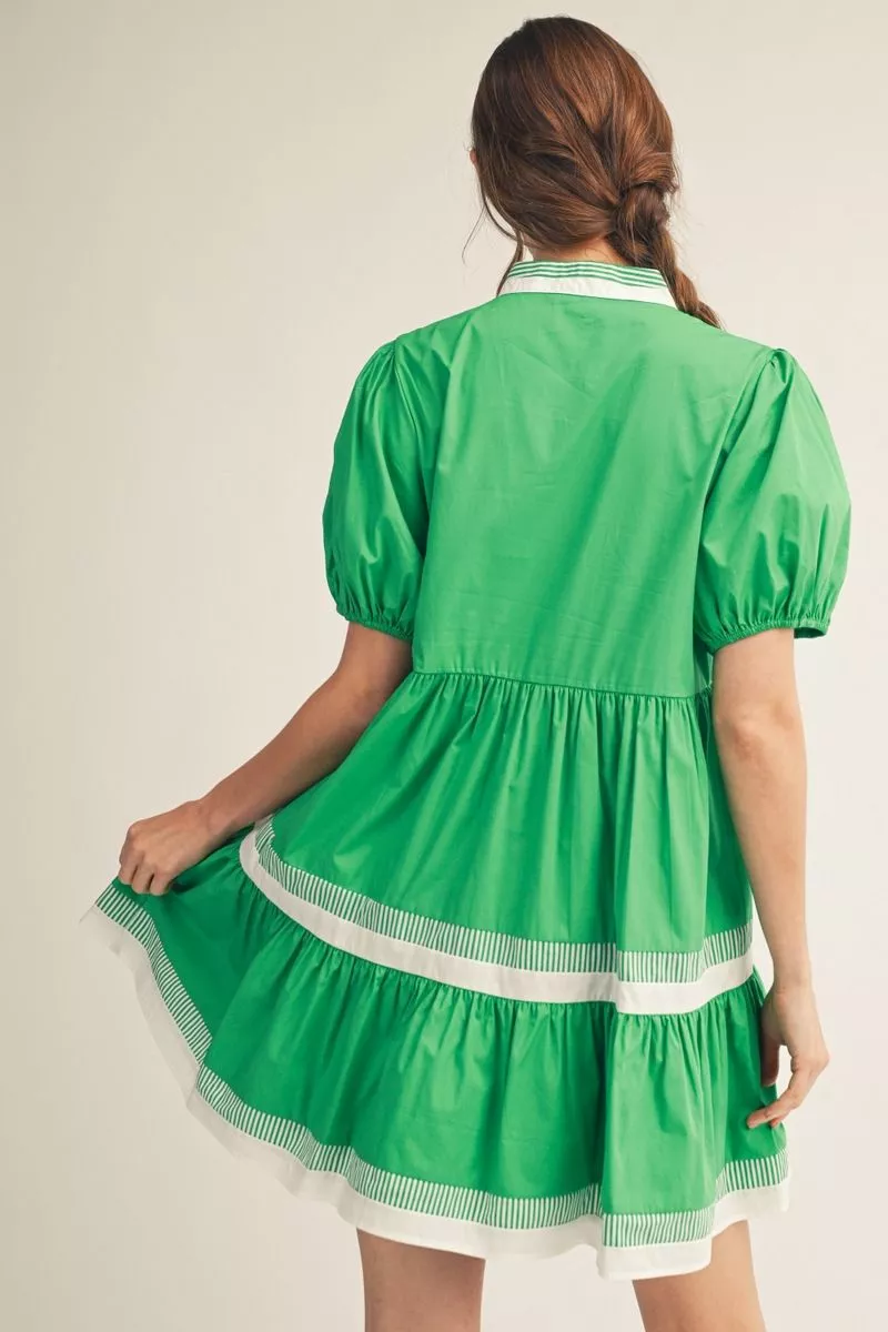 Green Tiered Mini Dress w/ Striped Details
