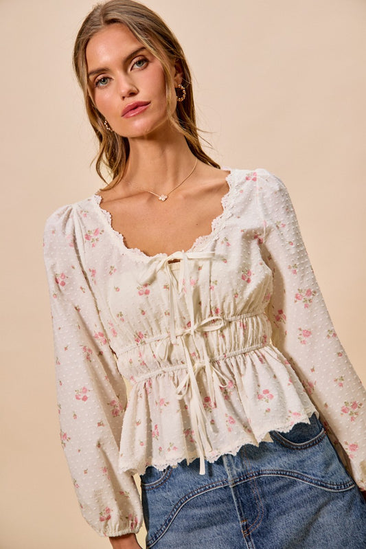 White Floral Swiss Dotted Ruched Long Sleeve Blouse