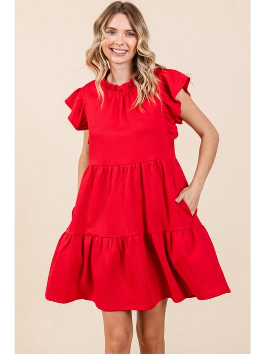 Red Textured Tiered High Neck Mini Dress