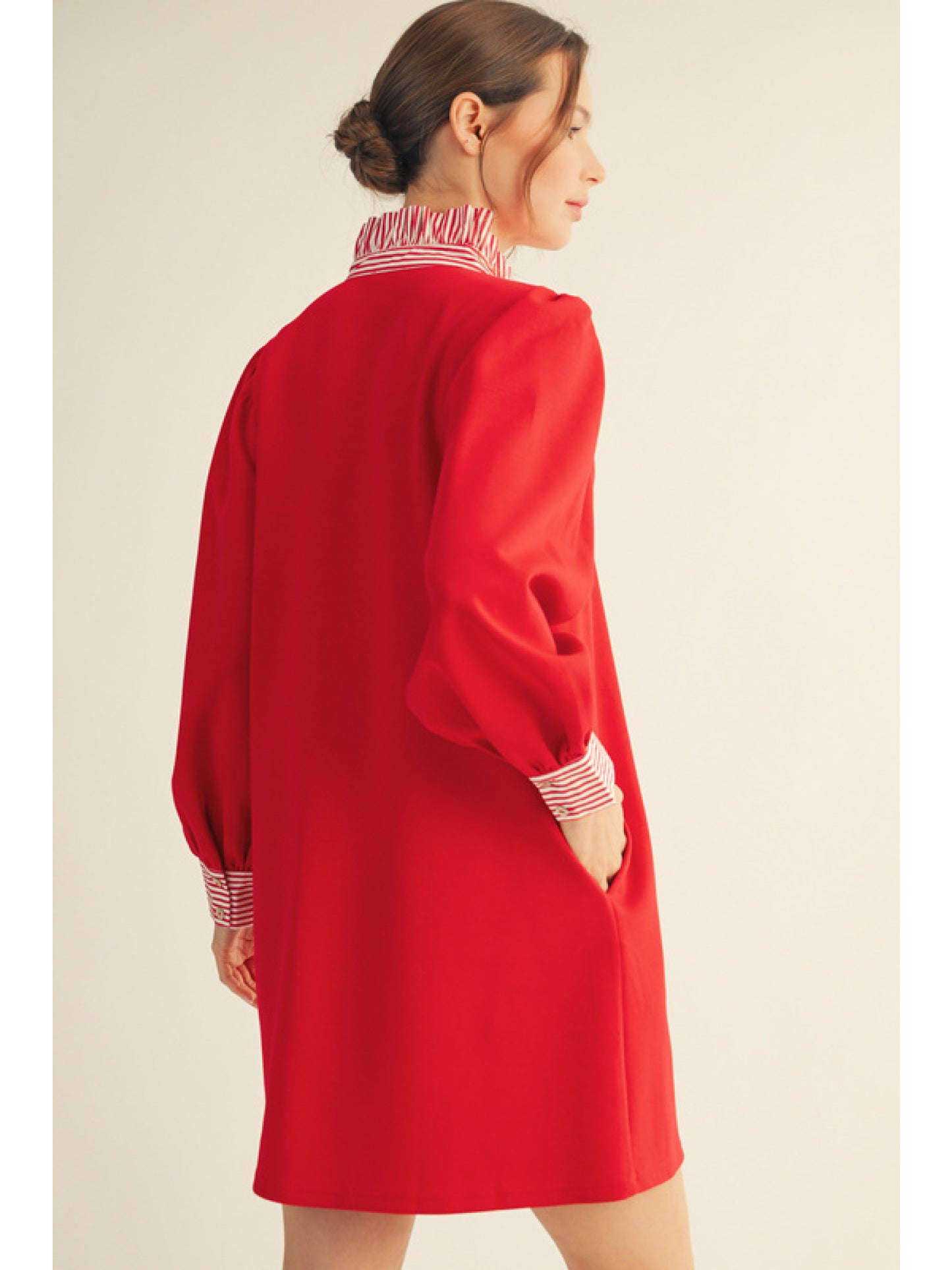 Red Long Sleeve Mini Dress w/ Stripe Details