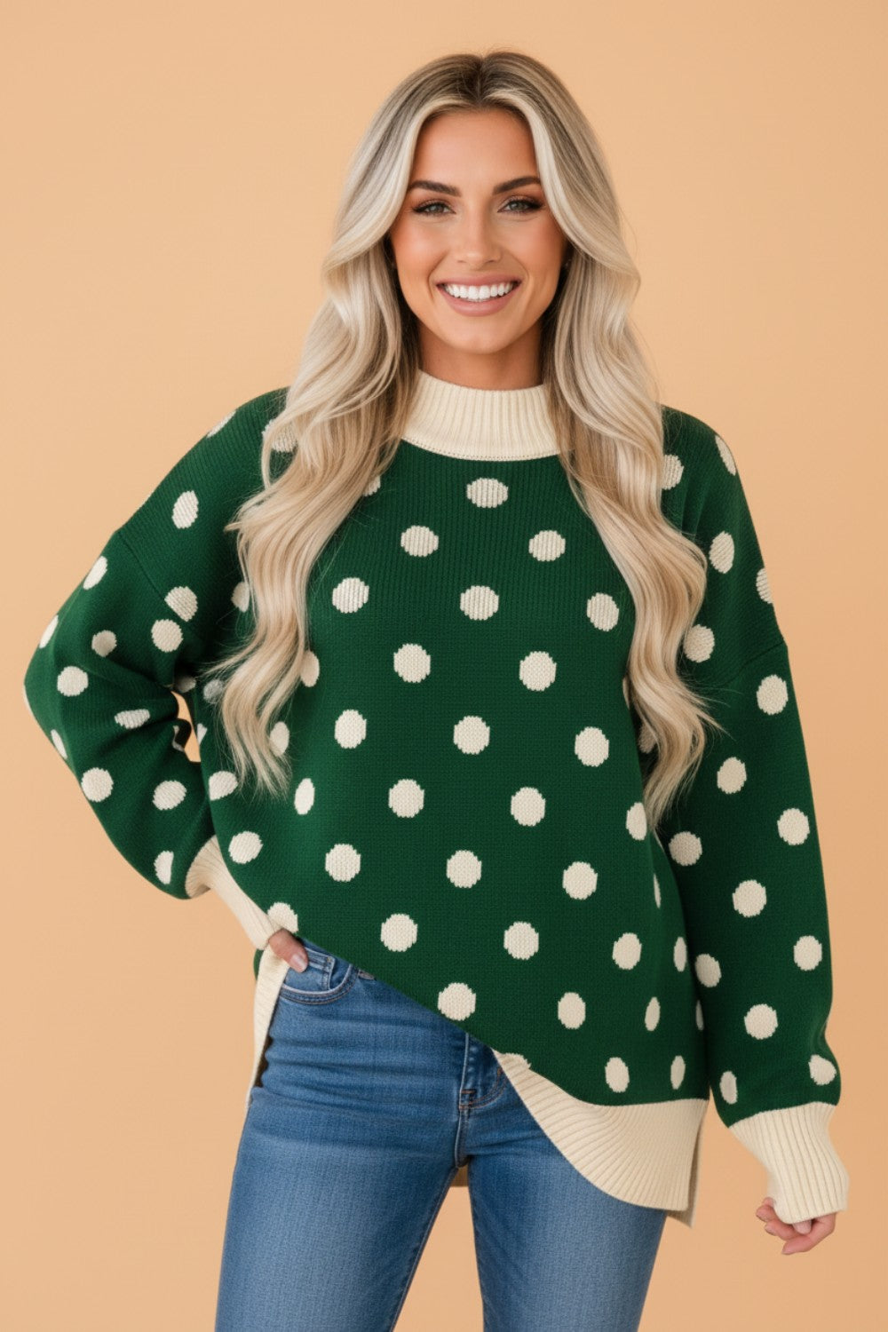 Green Polka Dot Mock Neck Sweater