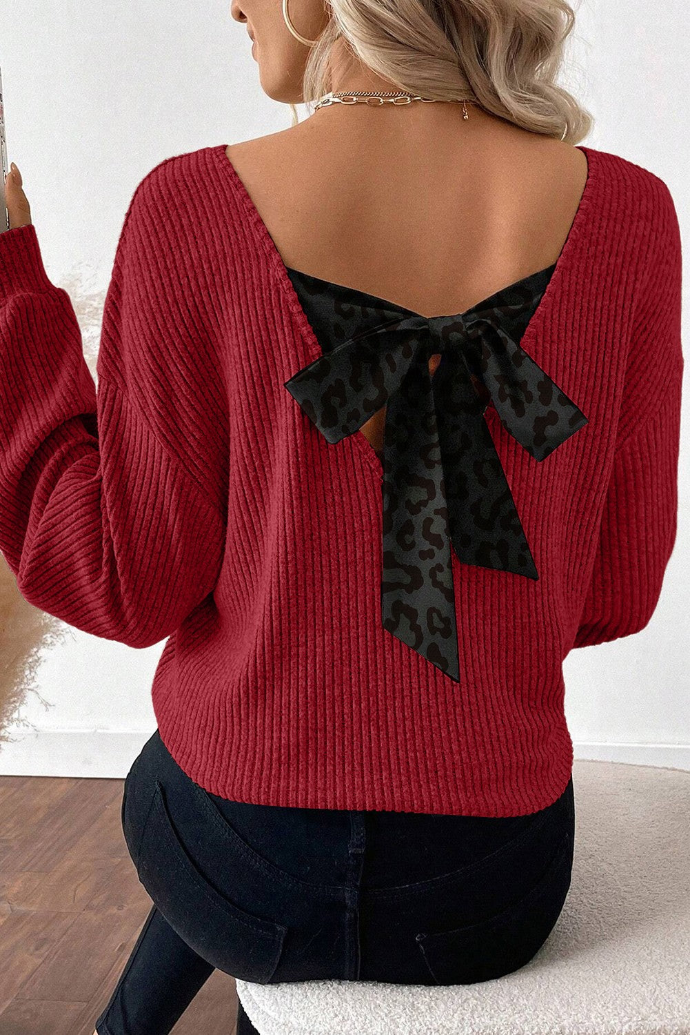 Red Rib Knit Long Sleeve w/ Bow Detail on Back