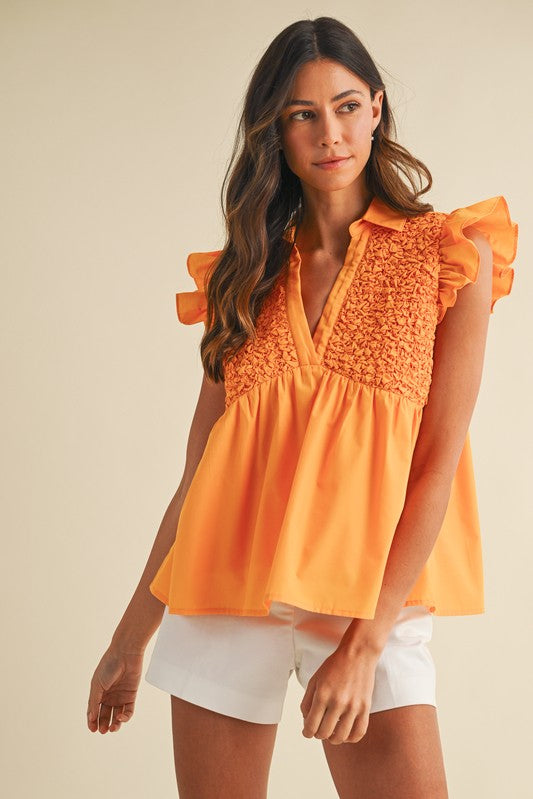 Orange Popcorn Smocking Sleeveless Babydoll Top