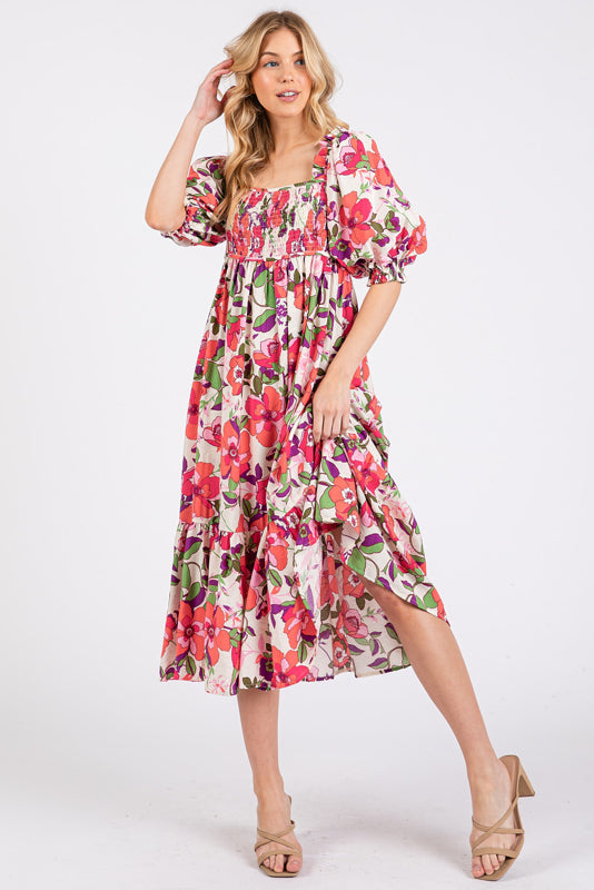 Fuchsia Floral Smocked Top Puff Sleeve Midi Dress