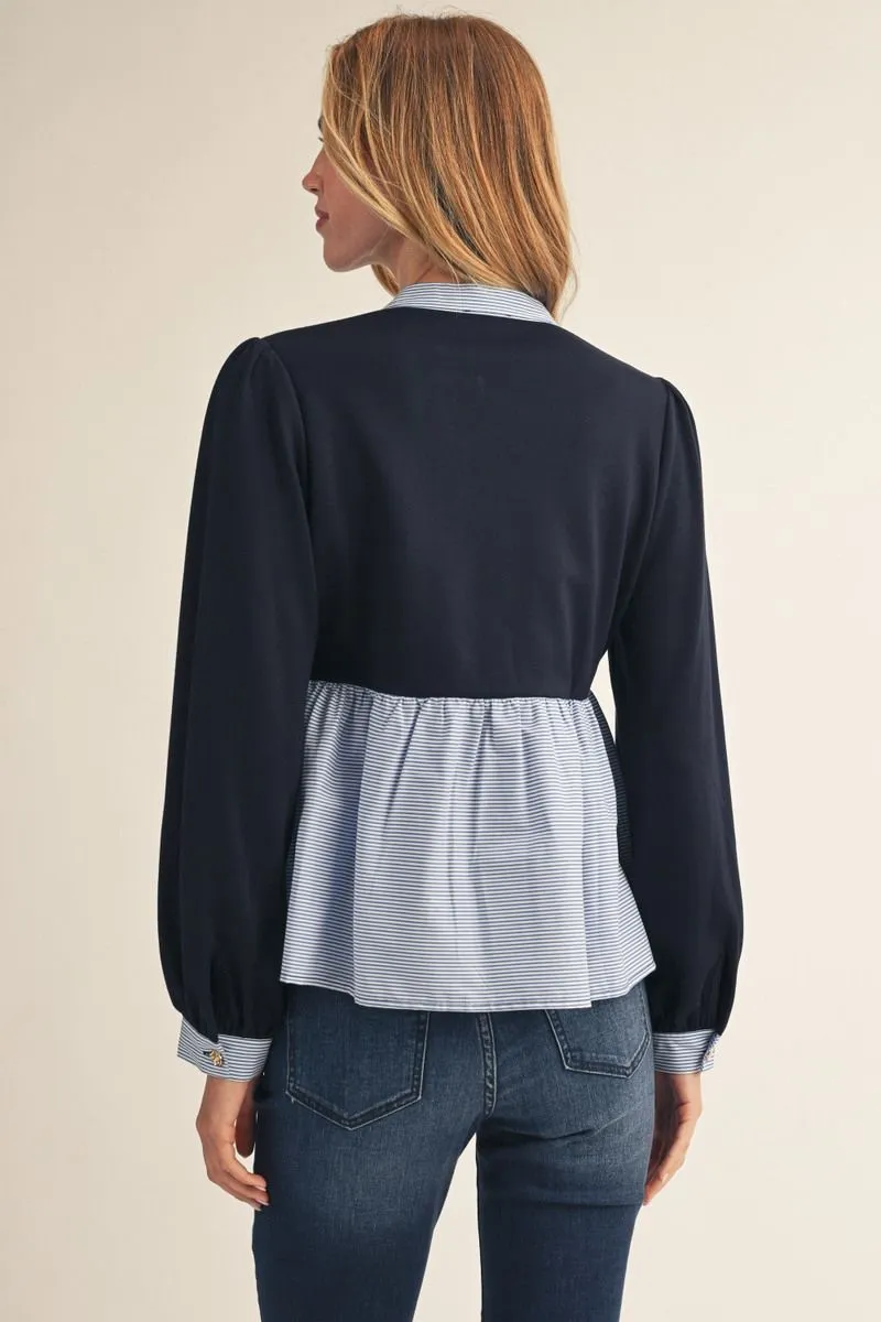 Navy Babydoll Contrast Long Sleeve Blouse