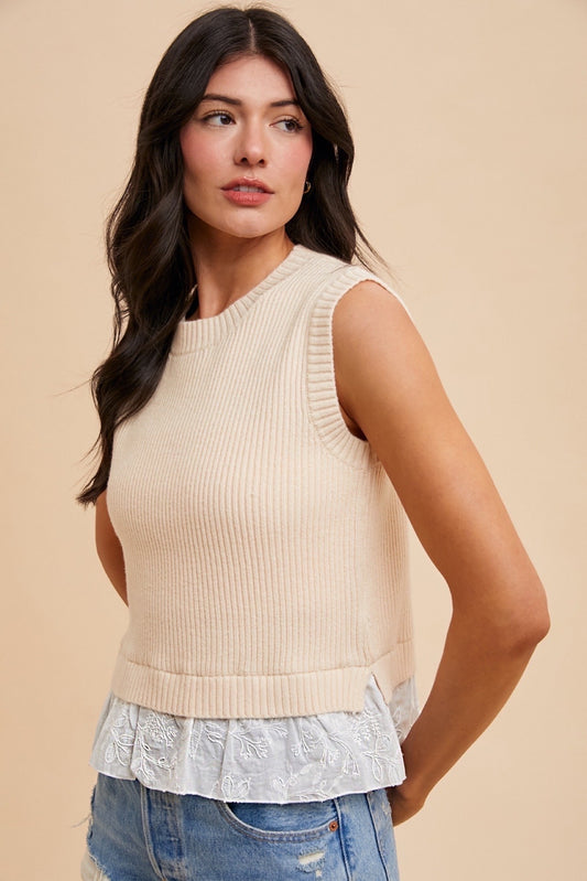 Cream Mix Media Eyelet Layered Sweater Vest