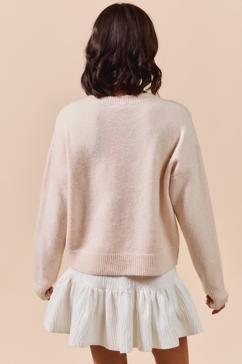 Blush Ribbon Embroidered Loose Fit Sweater