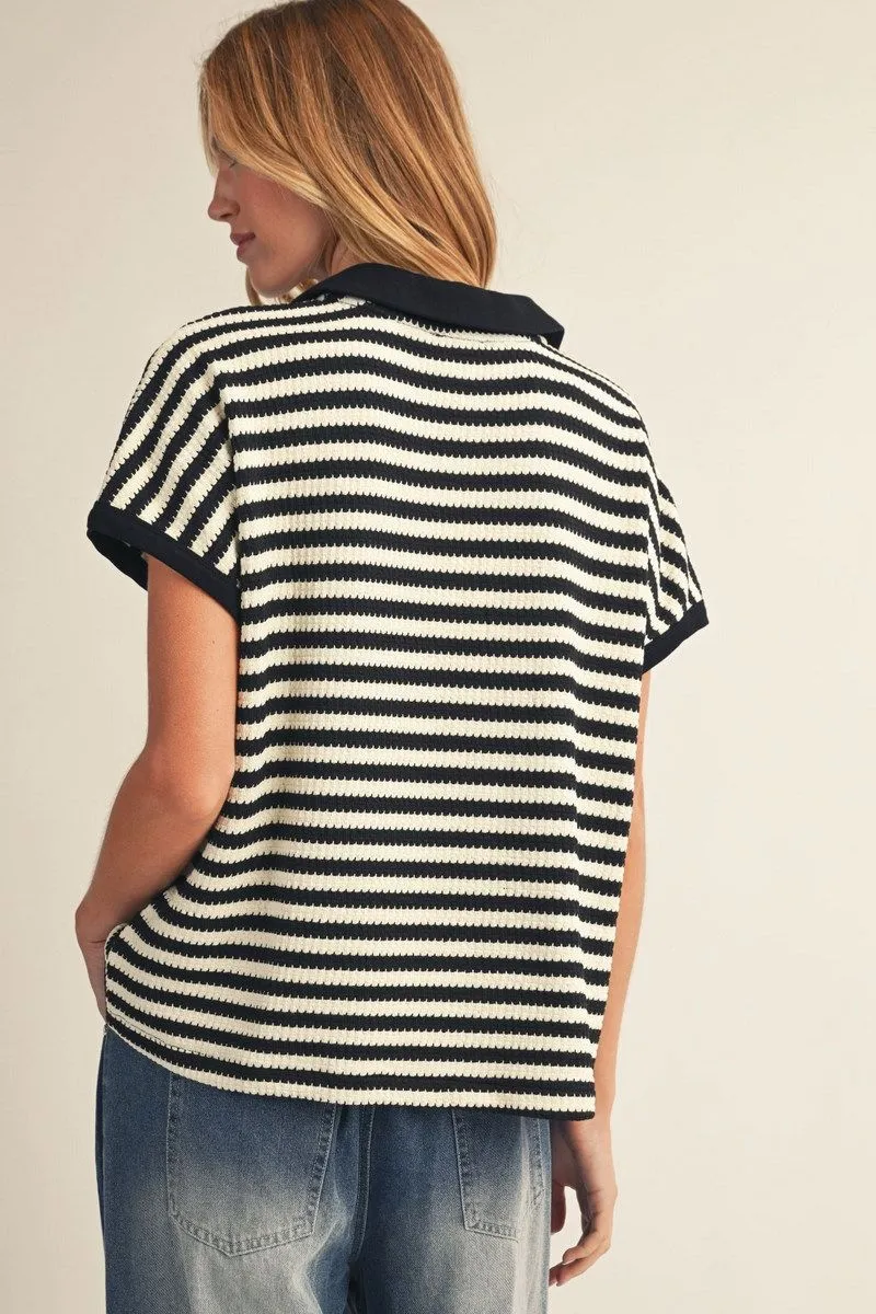 Black Knit Striped Collared Short Sleeve