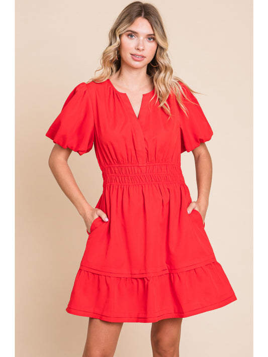 Tomato Red Puff Sleeve V-Neck Mini Dress w/ Pockets