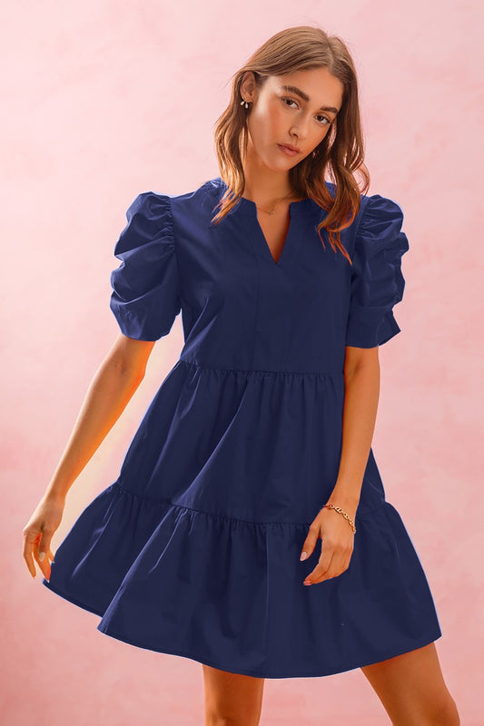 Navy Notched Neck Tiered Mini Dress w/ Puff Sleeves
