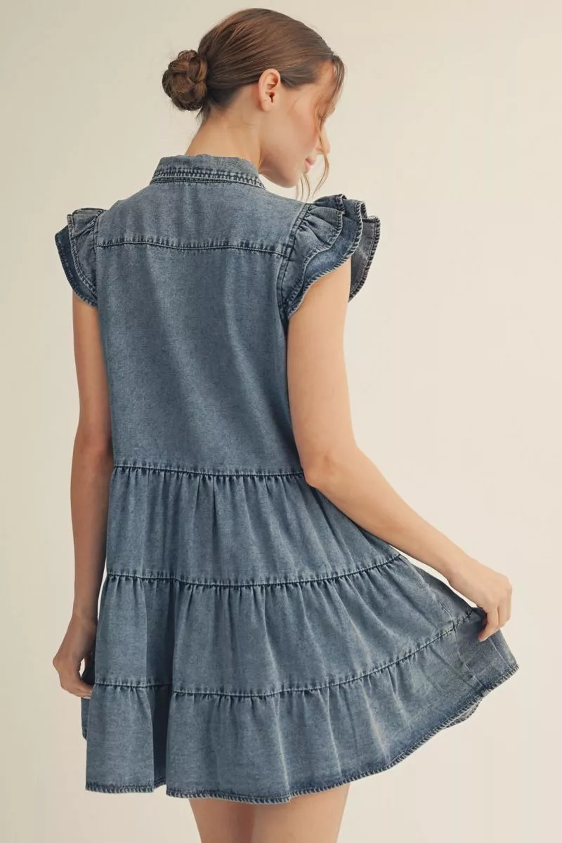 Denim Button Up, Tiered Sleeveless Mini Dress