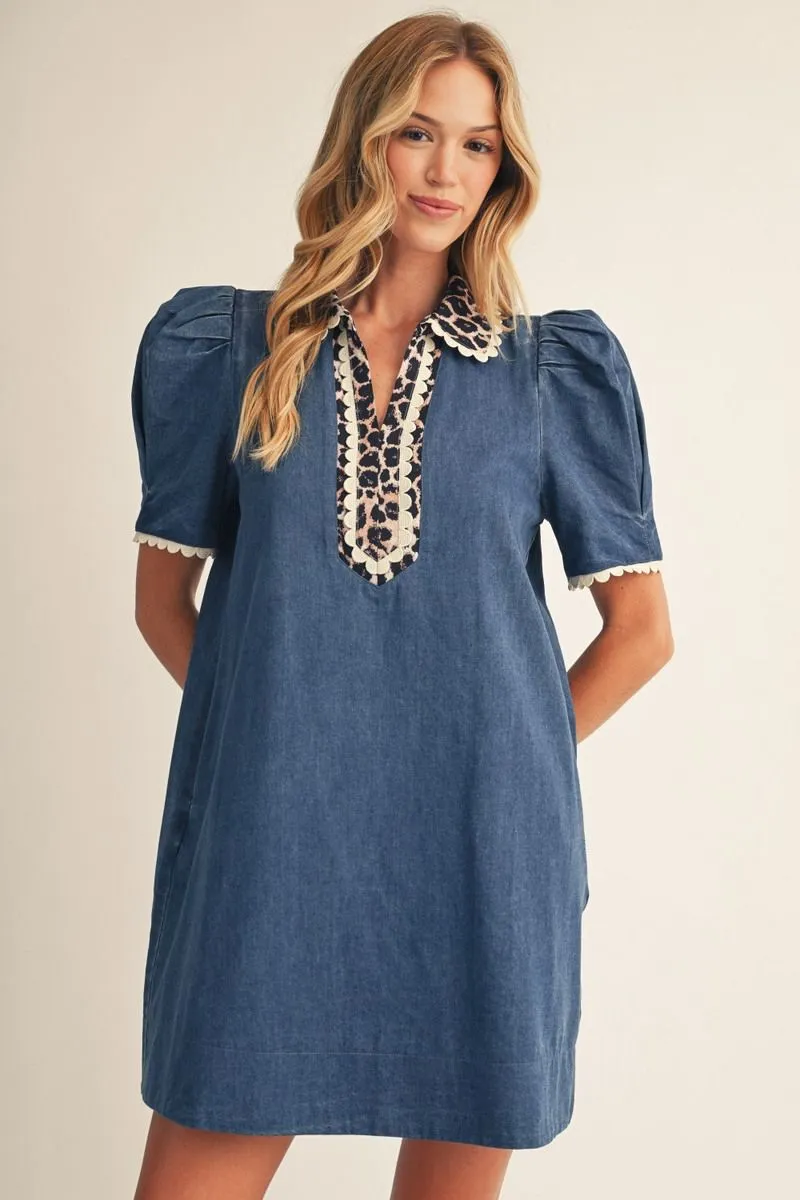 Denim Short Sleeve Mini Dress w/ Leopard Print Detail