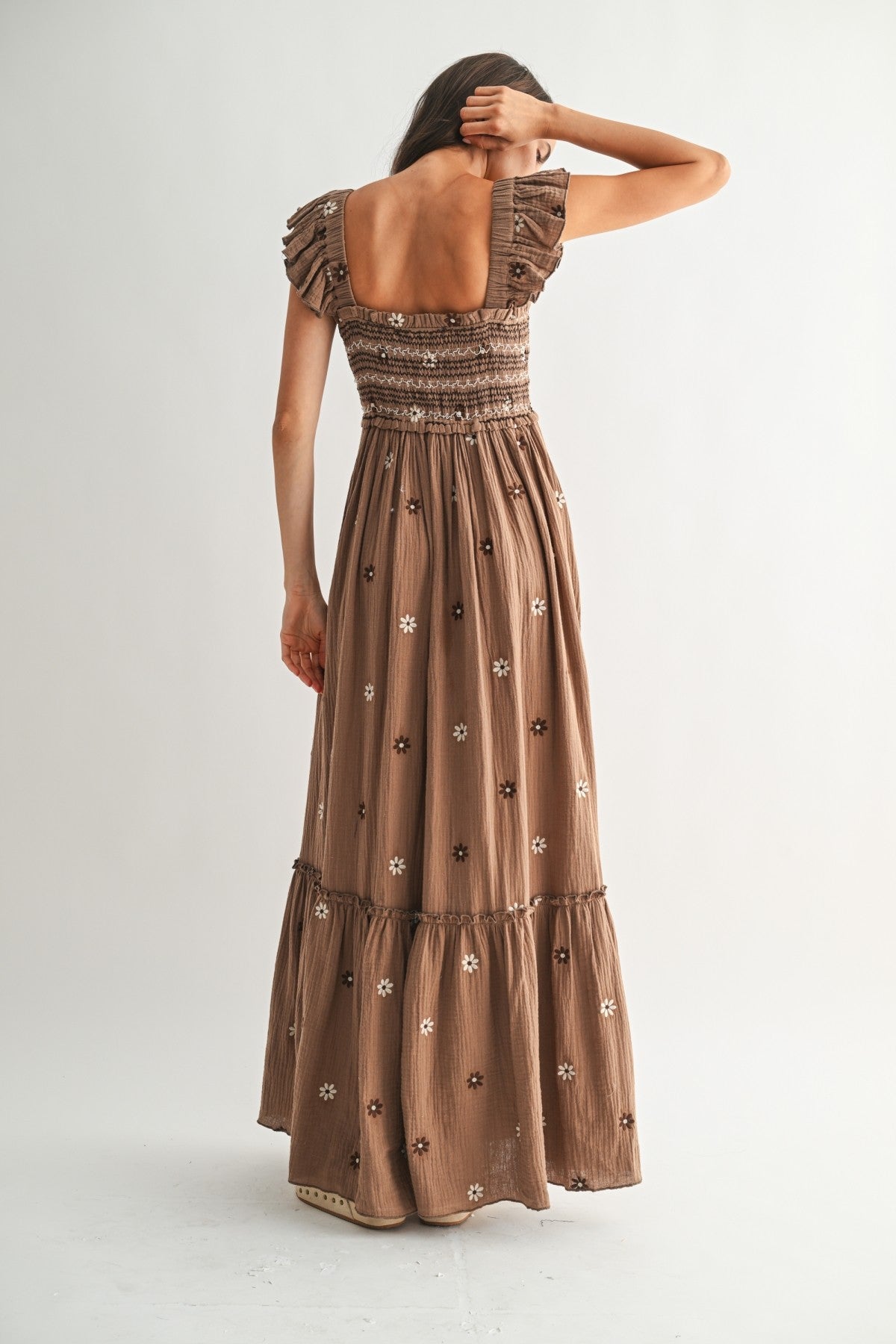 Brown Floral Embroidered Sleeveless Maxi Dress w/ Smocked Top