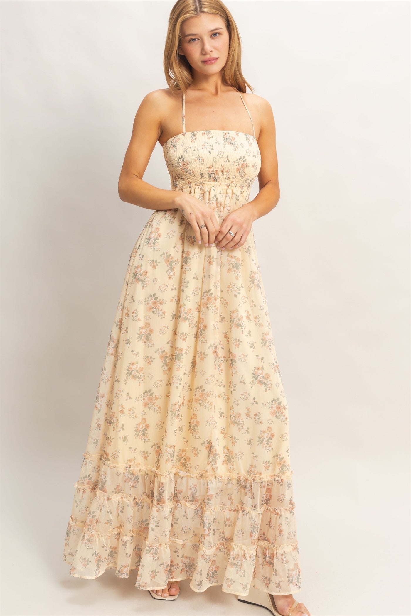 Light Yellow Floral Halter Flowy Maxi Dress
