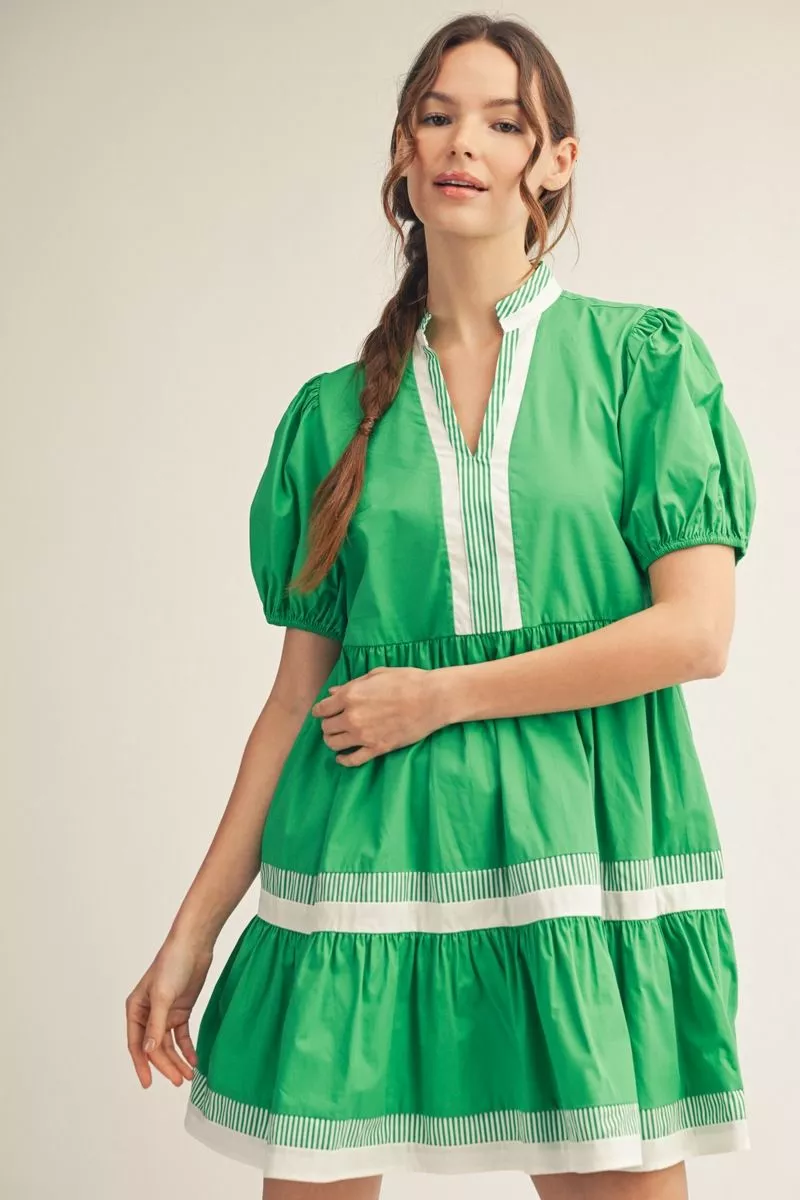 Green Tiered Mini Dress w/ Striped Details