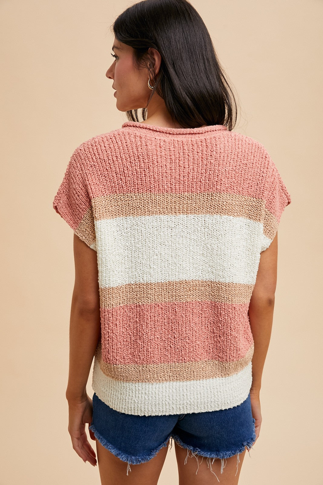 Peach/Ivory Open Knit Color Block Short Sleeve Sweater