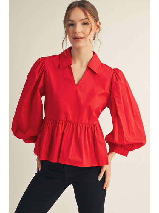 Red Collared, V-Neck Balloon Sleeve Babydoll Blouse