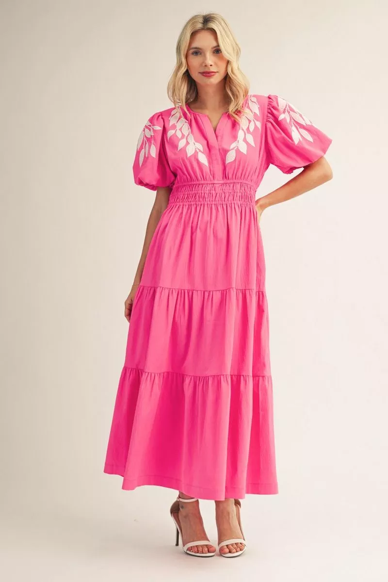 Short, Puff Sleeve Embroidered Neckline Maxi Dress