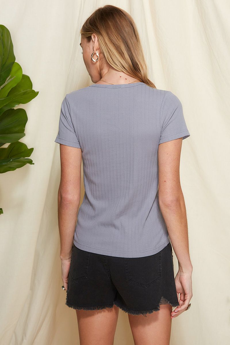 Dusty Blue Ribbed Scoop Neck Short Sleeve Top