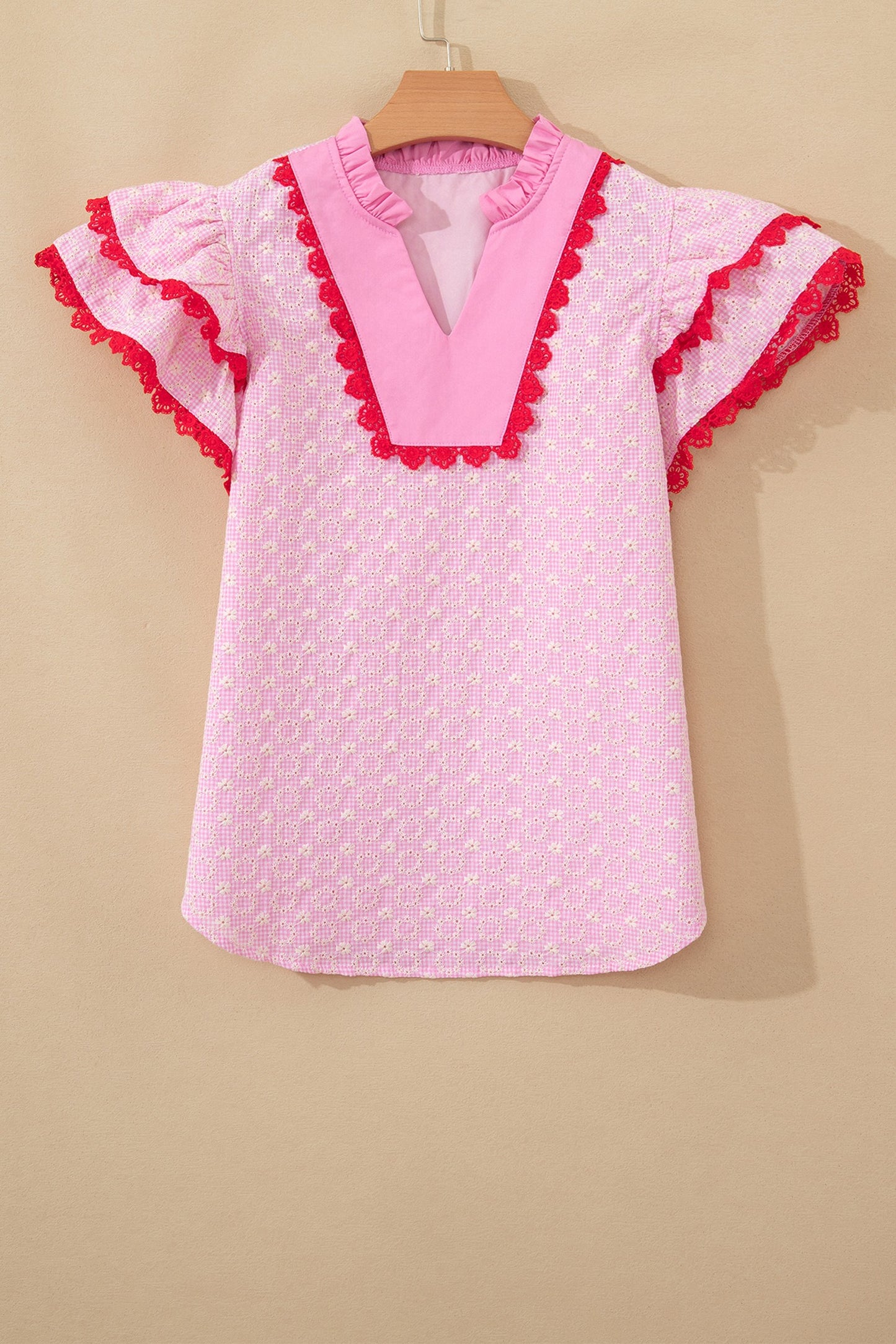 Pink Embroidered Eyelet Flutter Sleeve Blouse