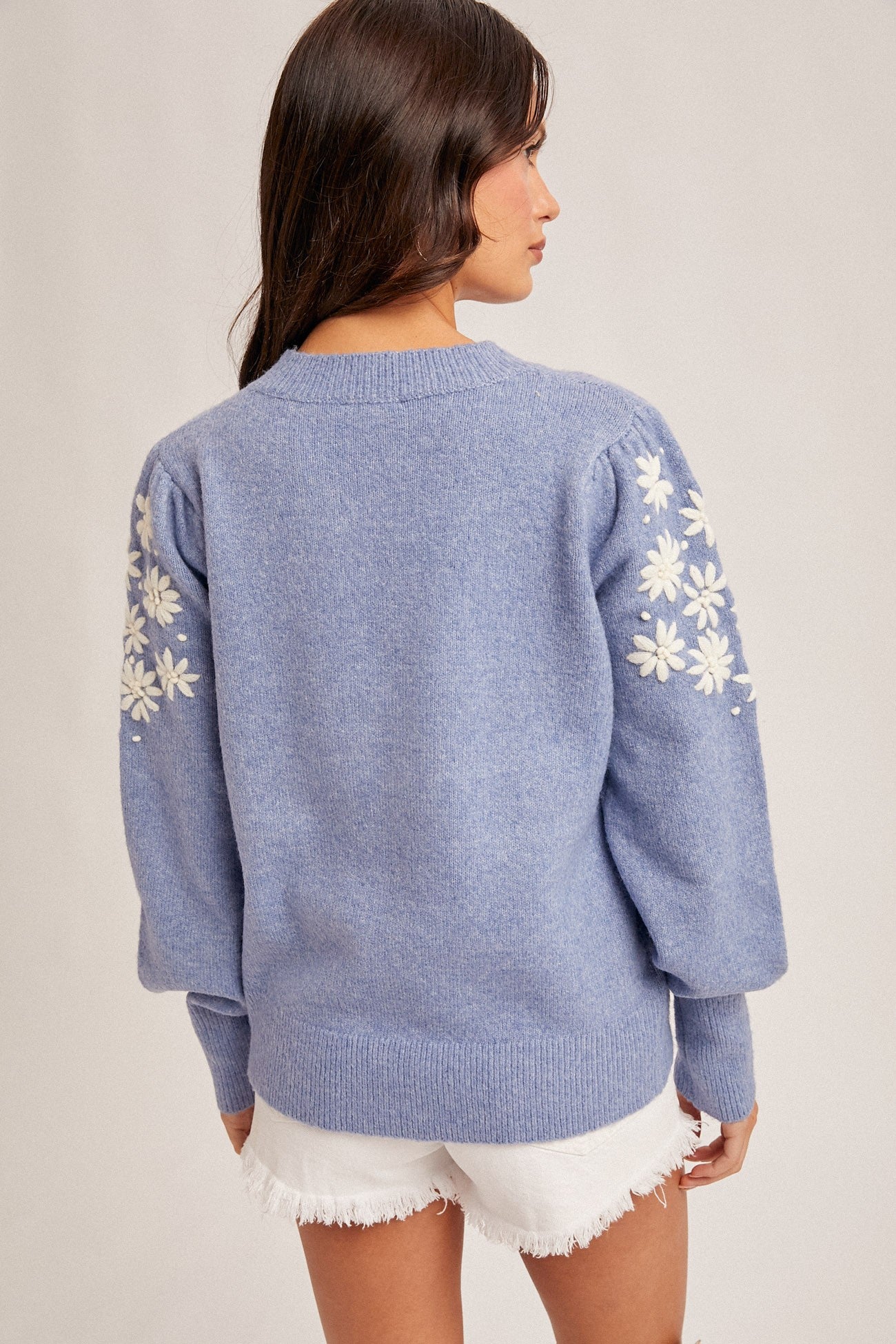 Frost Blue Floral Embroidery Bubble Sleeve Sweater