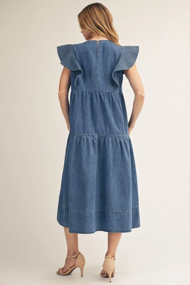 Denim Flutter Sleeve Tiered Maxi Dress