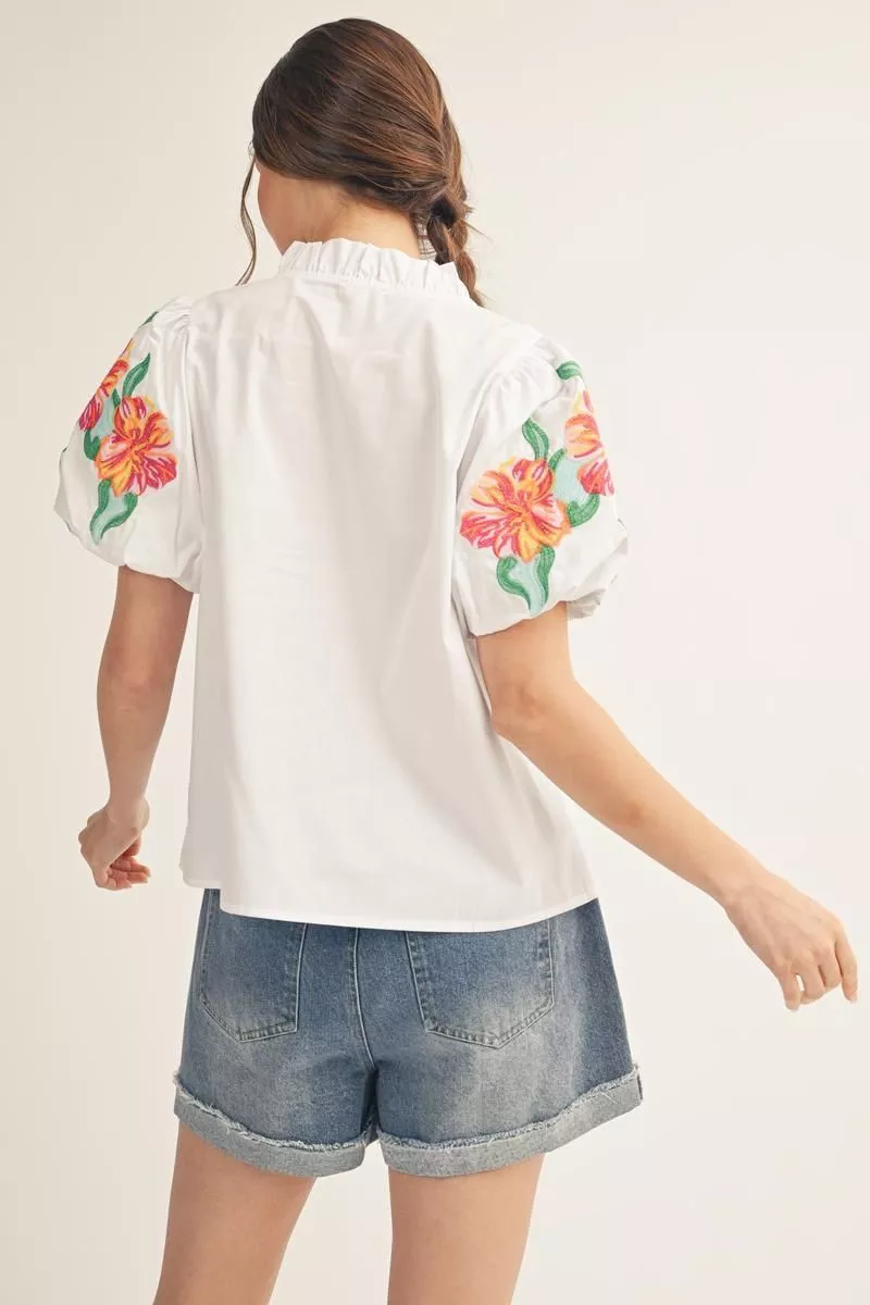 White Short Sleeve Embroidered Blouse