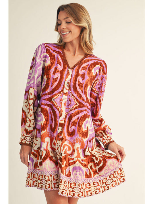Toffee Abstract Printed Long Sleeve Button Down Mini Dress