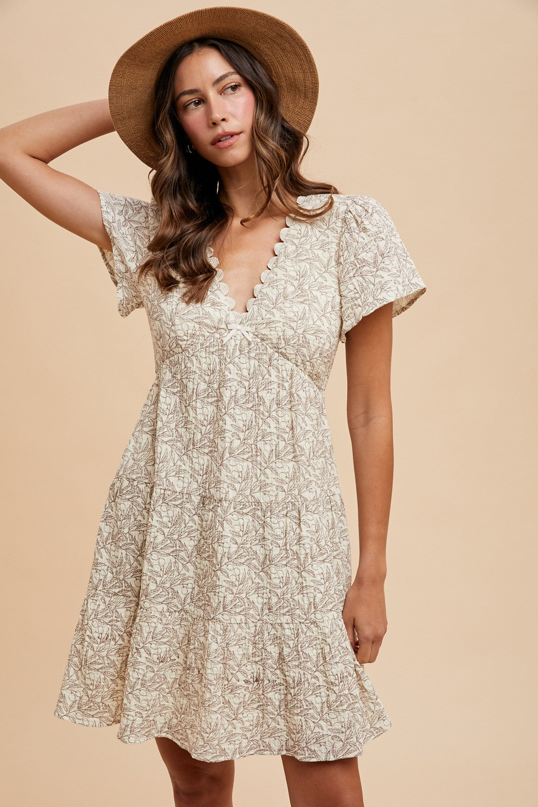Cream Scallop Trimmed Leaf Print Mini Dress