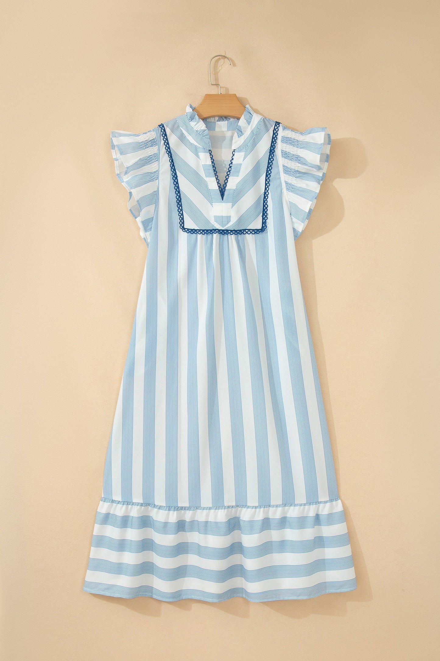 Blue Striped V-Neck Ruffle Sleeve Midi Dress