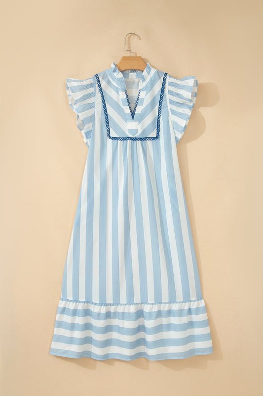 Blue Striped V-Neck Ruffle Sleeve Midi Dress