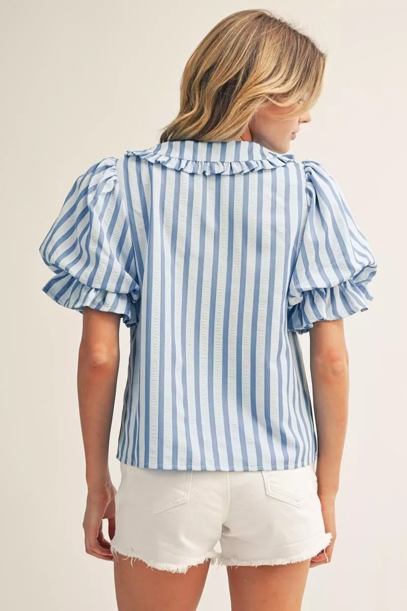 Blue Monochromatic Striped Short Sleeve Blouse w/ Peter Pan Collar
