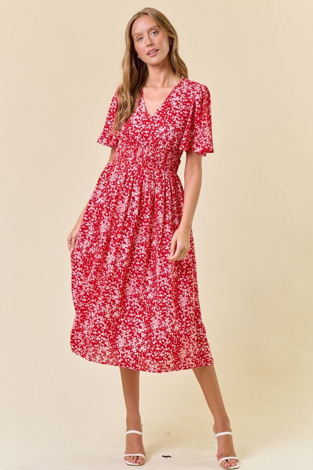 Red Floral V-Neck Flutter Short Sleeve Midi Dress