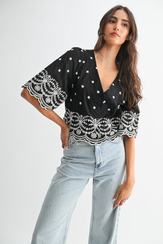 Black Embroidered V-Neck Crop Top