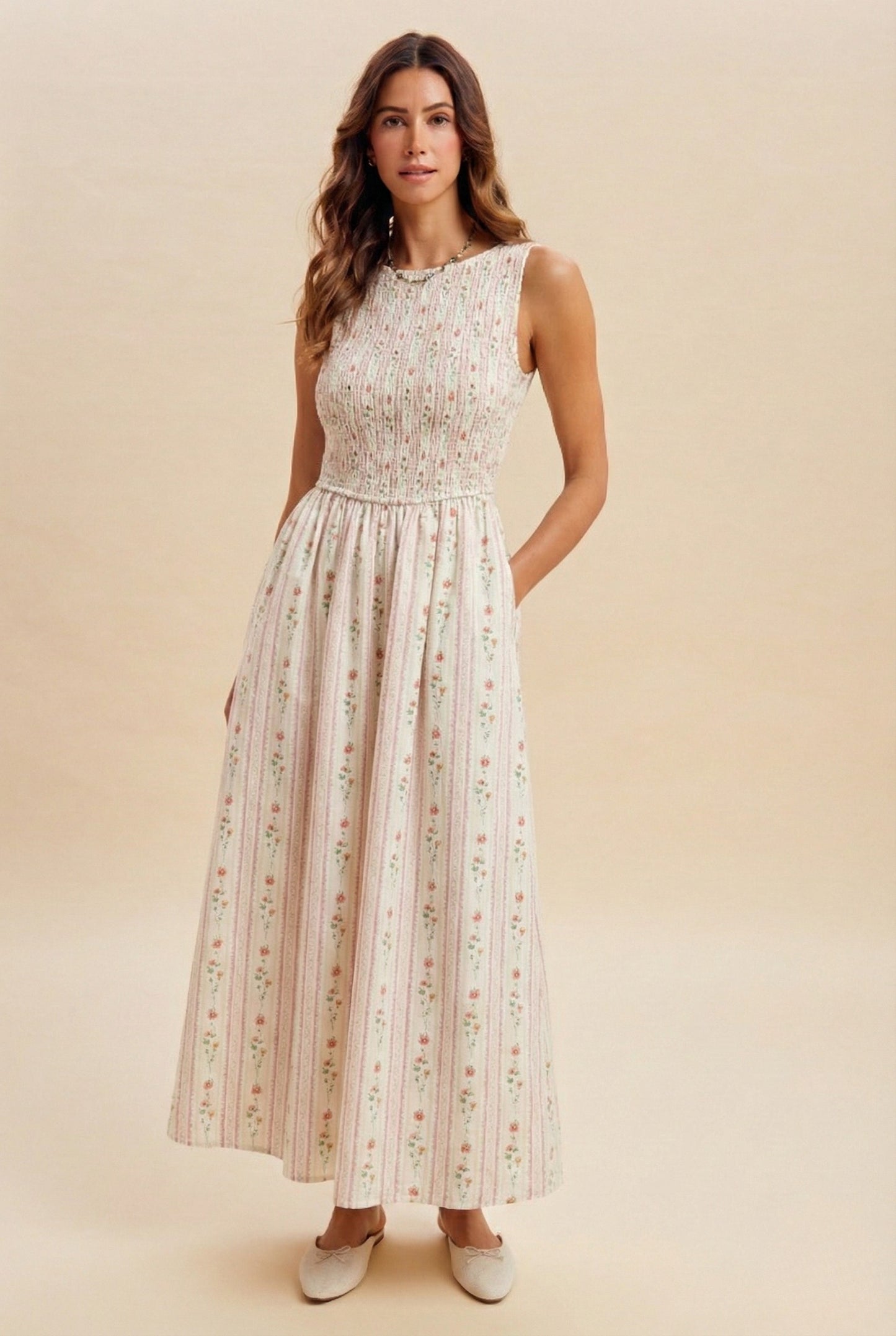 Floral Smocked Bodice, Sleeveless Maxi Dress