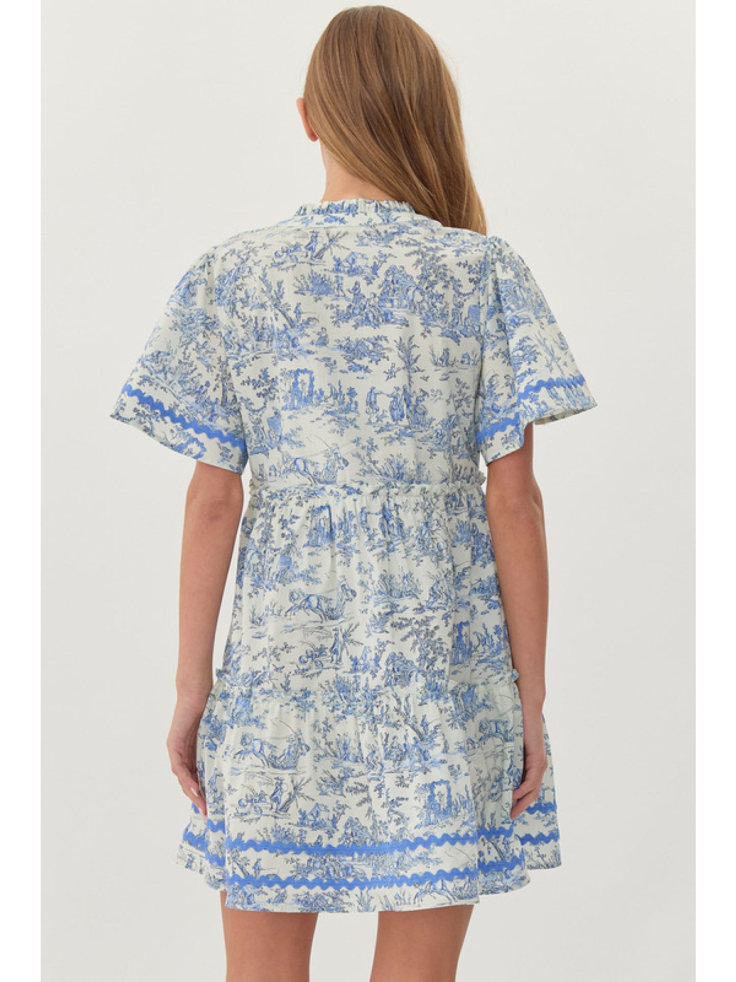 Blue Print w/ Ric Rac Trim Mini Babydoll Dress