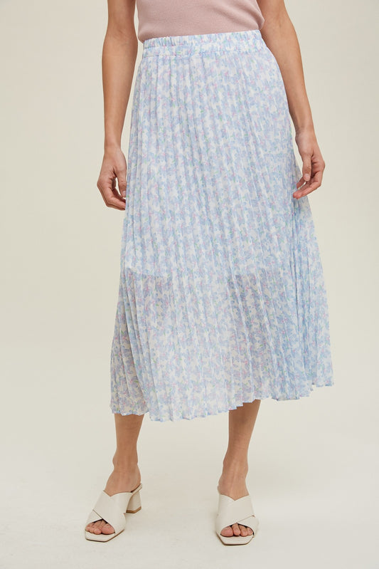 Light Blue Floral Pleated Midi Skirt