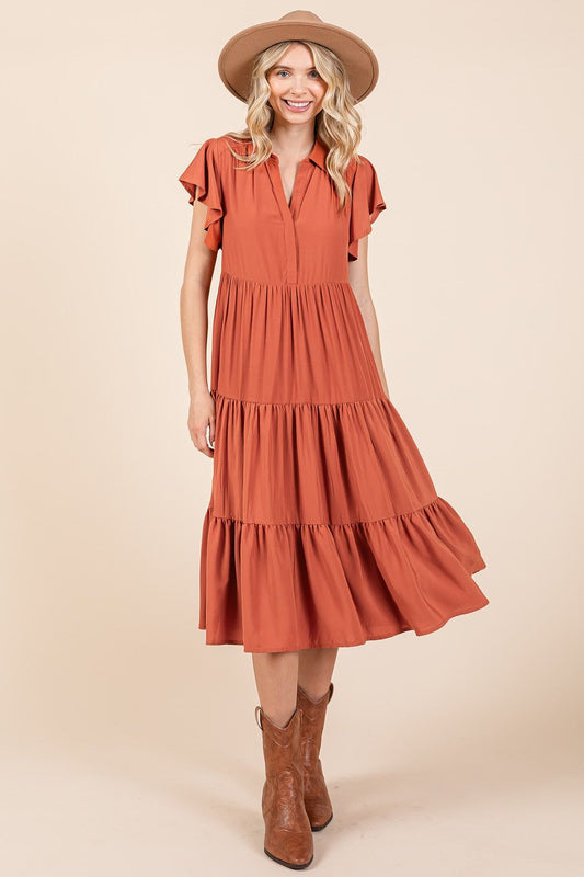 Ginger Ruffle Sleeve Collared V-Neck Tiered Midi Dress