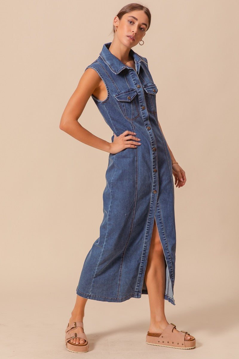 Dark Denim Sleeveless Button Front Maxi Dress