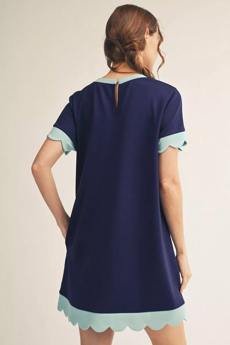 Navy/Mint Scallop Trim Short Sleeve Mini Dress