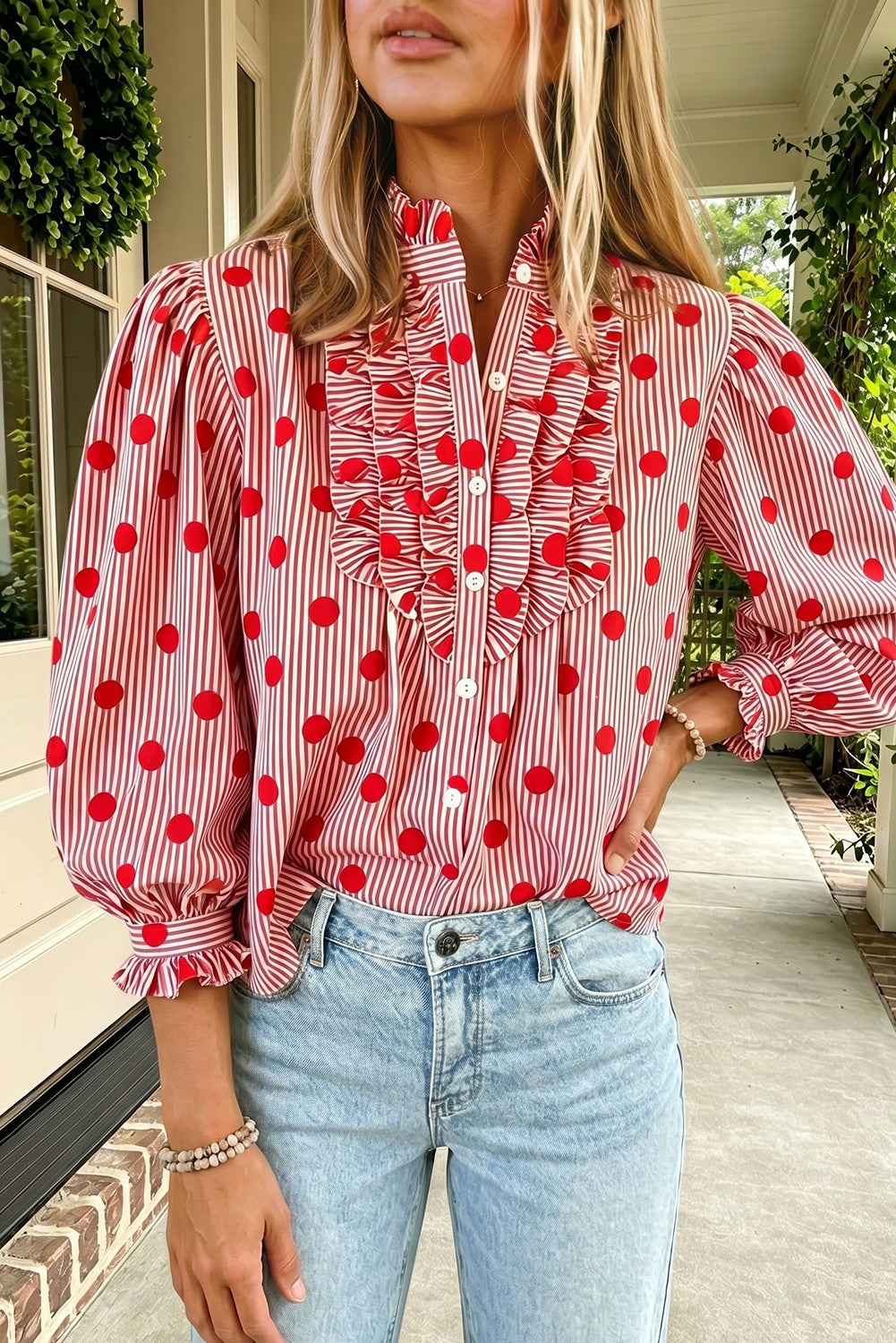 Red Striped & Polka Dot Ruffle Neck, 3/4 Sleeve Blouse