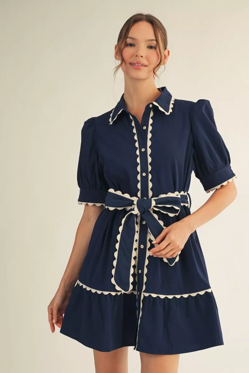 Button Up, Collared Mini Dress w/ Ric Rac Details