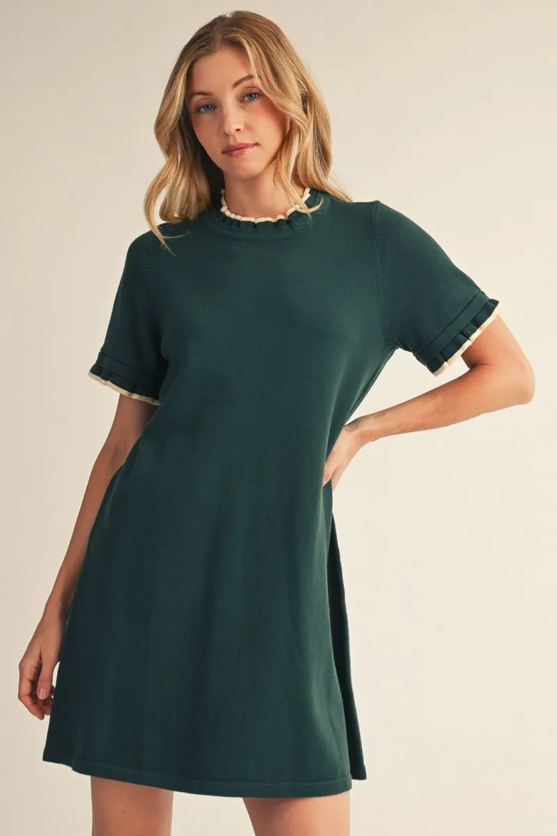 Hunter Green Short Sleeve Ribbed Sweater Dress
