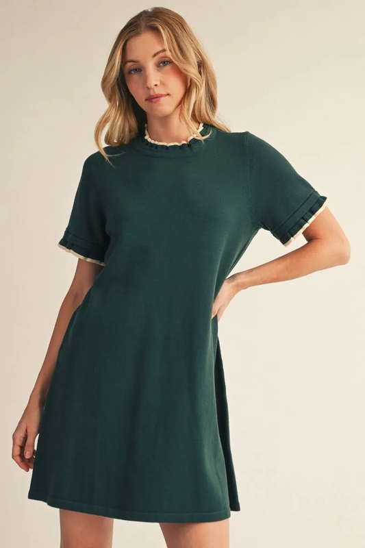 Hunter Green Short Sleeve Ribbed Sweater Dress