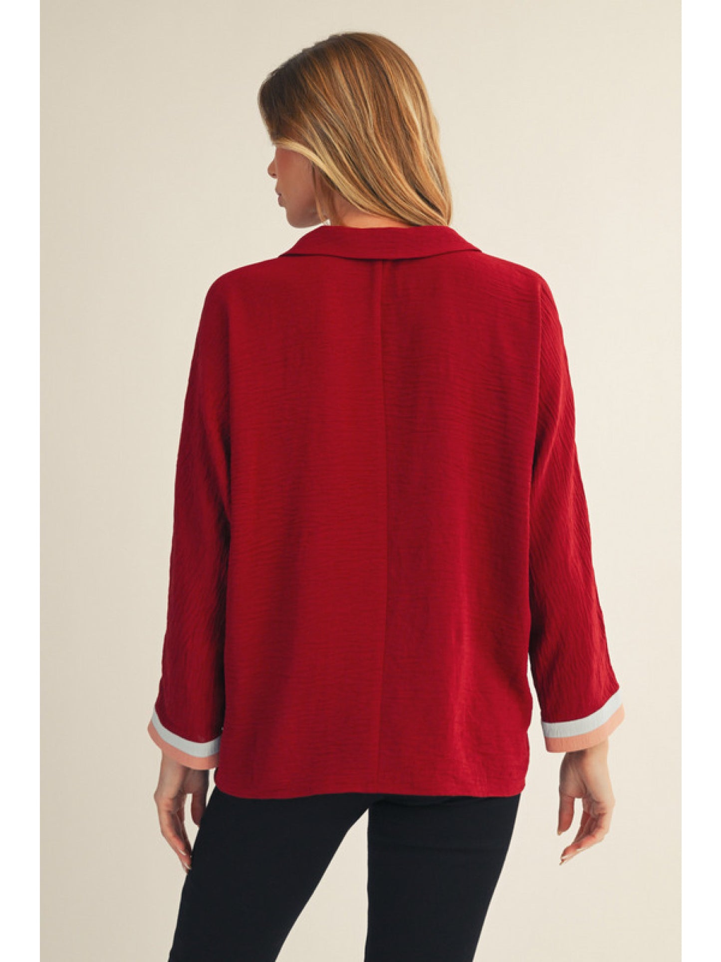 Burgundy Collared, Long Sleeve V-Neck Blouse