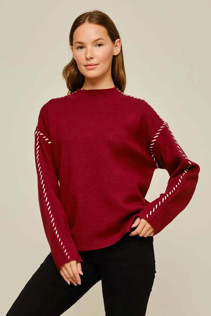 Burgundy Mock Neck Sweater w/ Stitch Detail